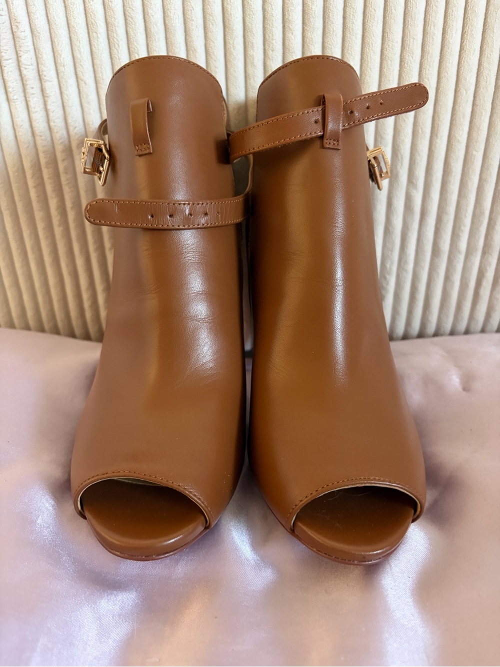 MICHAEL Michael Kors Cognac Open-Toe Ankle Booties with Gold Buckles
